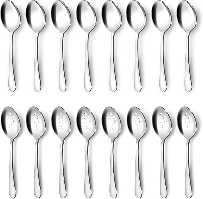 BEWOS 16-Piece Serving Spoons Set - Set of 8 Serving Spoons, Set of 8 Slotted Spoons, 9.1-Inch Utensils Set for Parties, Stainless Steel, Dishwasher Safe, Large Spoon For Buffet