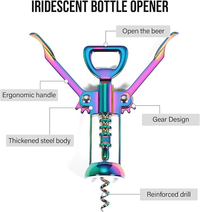 Winged Corkscrew, Iridescent Bottle Opener, Cork Remover, Rainbow Wine Gift Accessory, Mirage, Set of 1 (Iridescent)