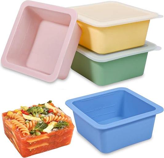 Webake 2-Cup Silicone Freezer Trays with Lids (4-Pack), Individual Portion Control Containers for Soup & Meal Prep – Easy-Release Single-Serving Molds for Lasagna, Leftovers, and Sauces