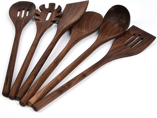 6 Pcs Black Walnut Kitchen Utensils Set, Natural Walnut Wood Soup Ladle Turner Solid Spoon Slotted Spoon Spatula Spaghetti Server, black cooking utensil set Tools for NonStick Cookware,A