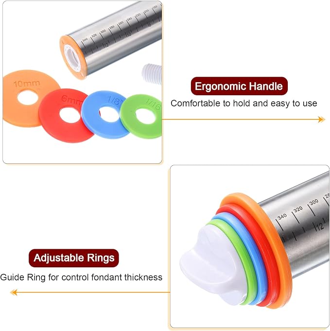 HARFINGTON 4pcs Rolling Pin 16.9 Inch x 1.69 Inch Non-Stick with Silicone Baking Pastry Mat Adjustable Guide Rings Roller Dough Roller Kitchen Decorating Tools for Cookie Pastry Pizza Clay