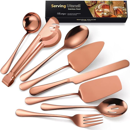 AARAINBOW Exquisite 8-Piece Serving Set, Stainless Steel Utensils With Spoons for Parties, Buffet, Home - Large (8 Rose Golden)