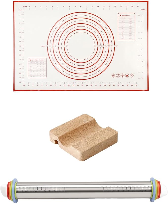 Adjustable Stainless Steel Rolling Pin with Thickness Rings for Baking, Dough Roller Pins for Cookie Decorating Baking Supplies with 1PCS Silicone Pastry Mat & 1PCS Rolling Pin Holder