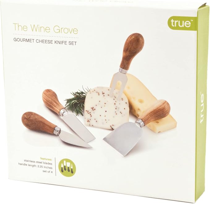 True Gourmet 4-Piece Stainless Steel Cheese Knife Set with Acacia Wood Handles for Charcuterie Board, Includes 3 Knives & 1 Fork, Hosting Essentials