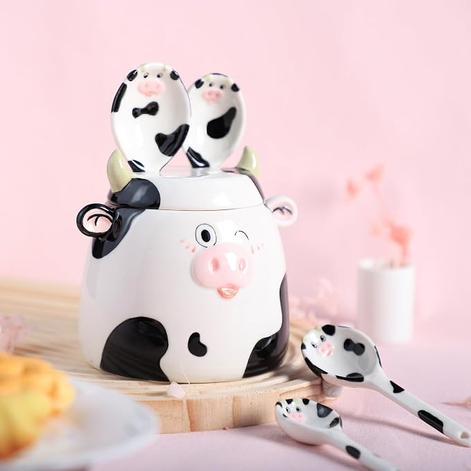 Ceramic Cow Pattern Measuring Spoons Set for Dry or Liquid with Measuring Cup Set, 4 PCS Kitchen Measuring Baking Spoons Cooking Measuring Spoons for Kitchen Baking Tool Utensil Set