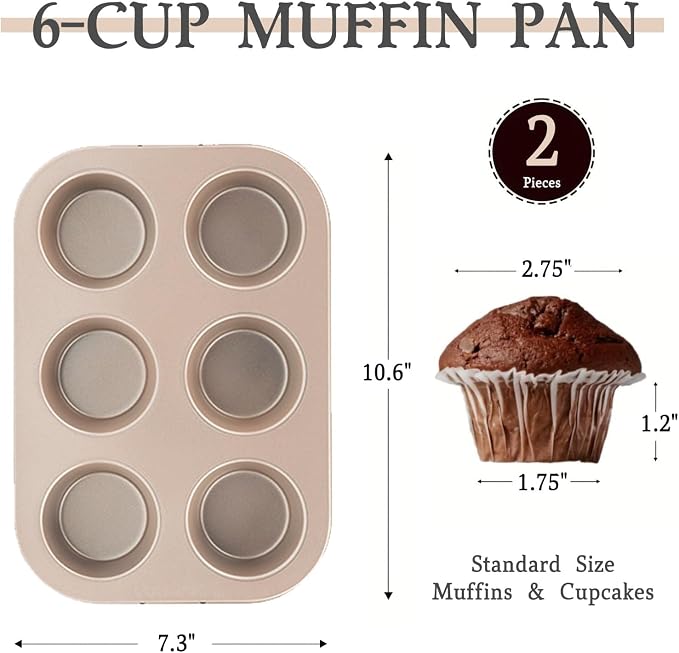 6-Cup Muffin Pan Set, Nonstick Carbon Steel Baking Pans, 2 Pack | Easy Release Surface with Even Heat Distribution for Baking