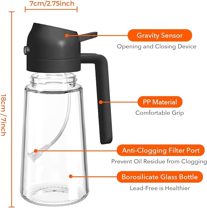 YARRAMATE 16 oz 2-in-1 Glass Olive Oil Sprayer for Cooking, Black | Food-grade dispenser bottle, 470 ml, spray and pour, portion control, stickers included, for salad, frying and BBQ
