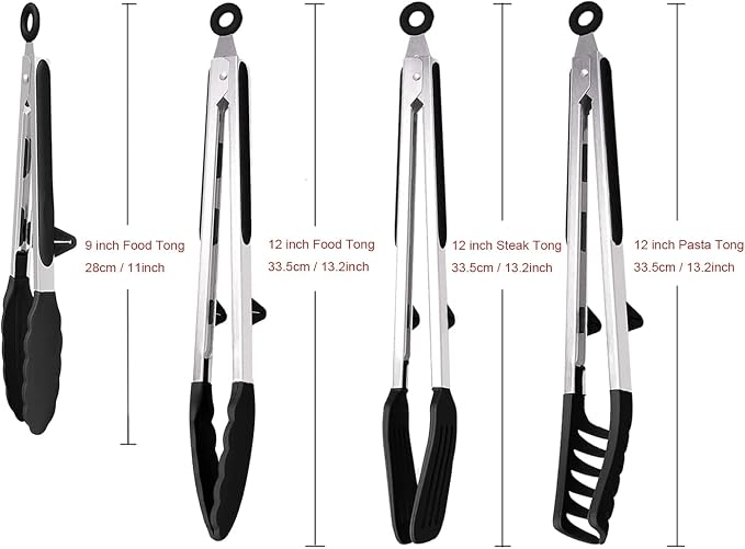 4 Pack Silicone Kitchen Cooking Tongs Set, Stainless Steel Nonstick Food Tong with BPA Free Silicone Tips for Serving Pasta Spaghetti Steak Pie Pizza Salad Vegetable Fruit Grilling BBQ Buffet 9" & 12"