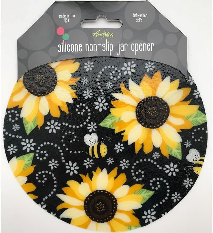 Andreas Silicone Jar Opener, Beez Sunflower – 6.25" Non-Slip Lid Gripper & Garlic Peeler, Food and Dishwasher Safe, Multi-Use, Durable Silicone & Fabric, Made in the USA, JO-975