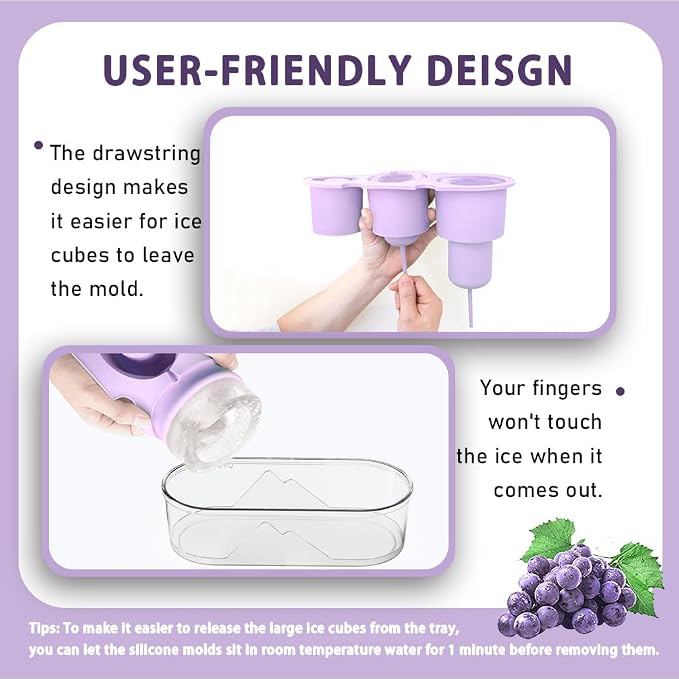 2PC Ice Mold for Stanley Cup 30/40 Oz - Easy Fill and Release Without Touching Ice, Silicone Ice Cube Tray with Clear Lid and Bin for Freezer, Whiskey, Cocktail (Purple+Purple)