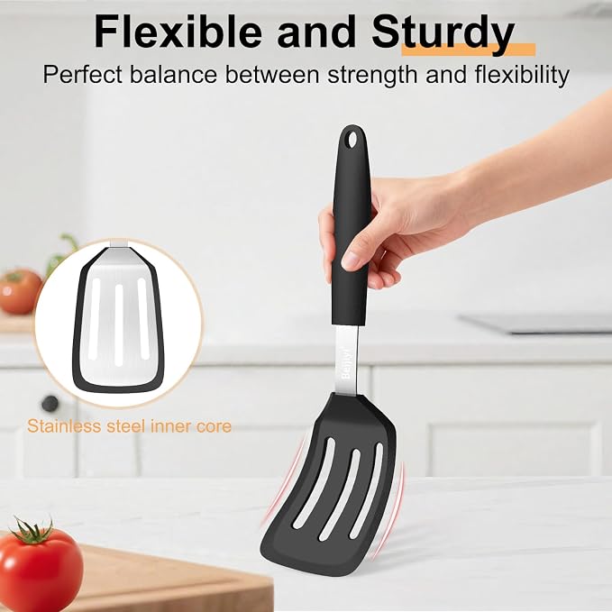 Beijiyi 2 Pack Silicone Spatula Set, Heat Resistant, for Nonstick Cookware | Flipping & Cooking, BPA Free, Flexible, Solid & Slotted Turner, Non-Toxic Kitchen Utensils, Non Scratch, Dishwasher Safe