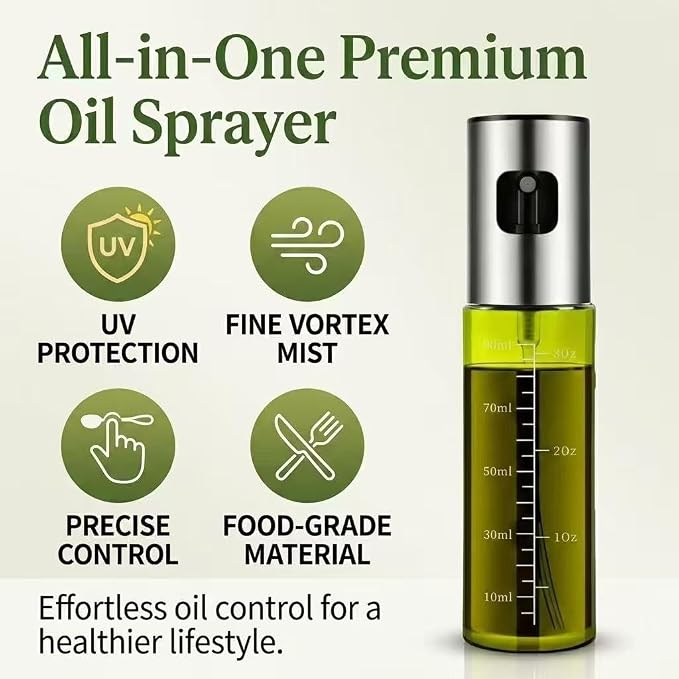 Oil Sprayer for Cooking - Olive & Avocado Oil Spray Bottle, 100ml Food Grade Glass Mister with Adjustable Nozzle for Kitchen Gadgets, Air Fryer, Salad, Frying, BBQ （1PCS）