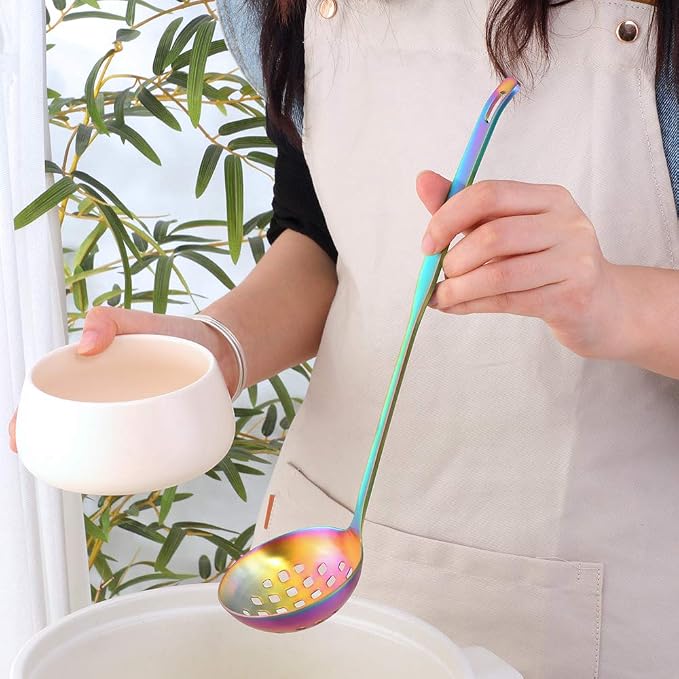 Buyer Star 2 Pcs Soup Ladle Colander, Rainbow Cookware Serving Long Handle Steel Slotted Spoon Cooking Utensil Set for Hotpot