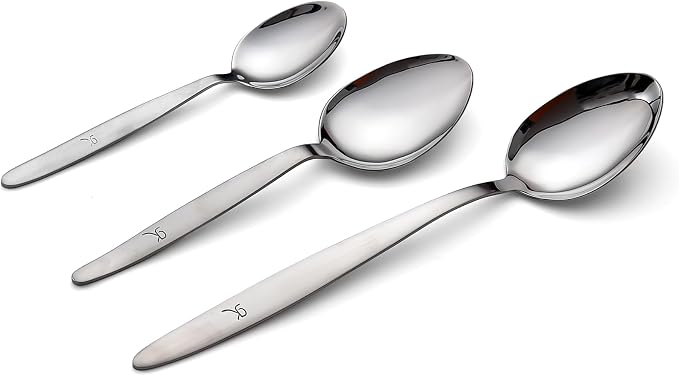 Chef Kunz Spoon |3-Pack| 18/10 Stainless Steel Solid Serving Spoon Set | Cooking Spoons for Basting, Plating, Quenelle (Extra Large Medium and Small, Kunz Regular spoon set (3 piece)