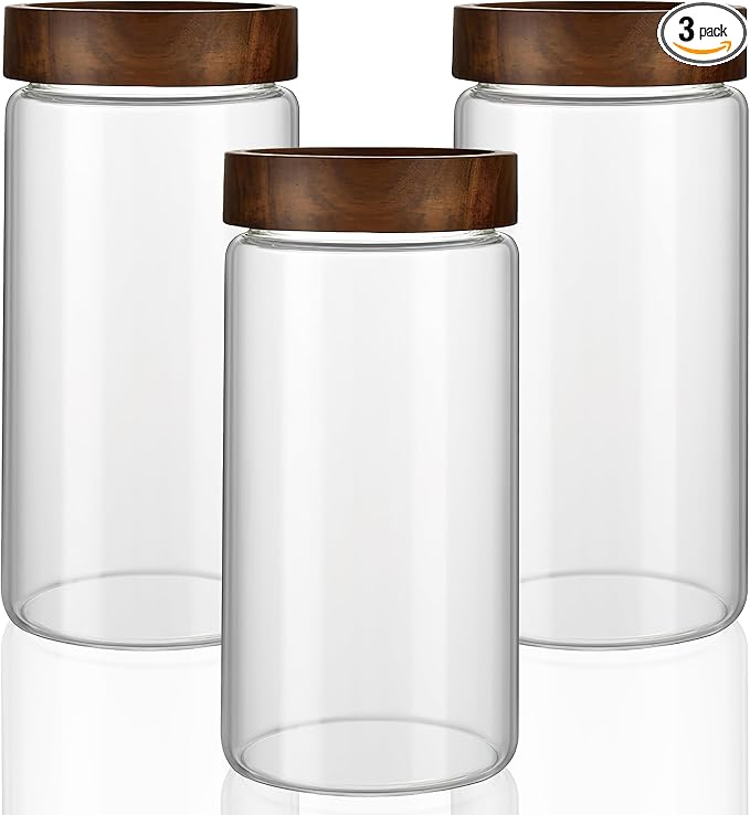 3 Pack 40 fl oz/1200 ml Clear Glass Storage Canister with Airtight Wooden Screw On Lid, Large Tall Decorative Glass Container Jar Set for Coffee, Nut, Tea, Candy, Cookie, Cereal, Sugar, Flour
