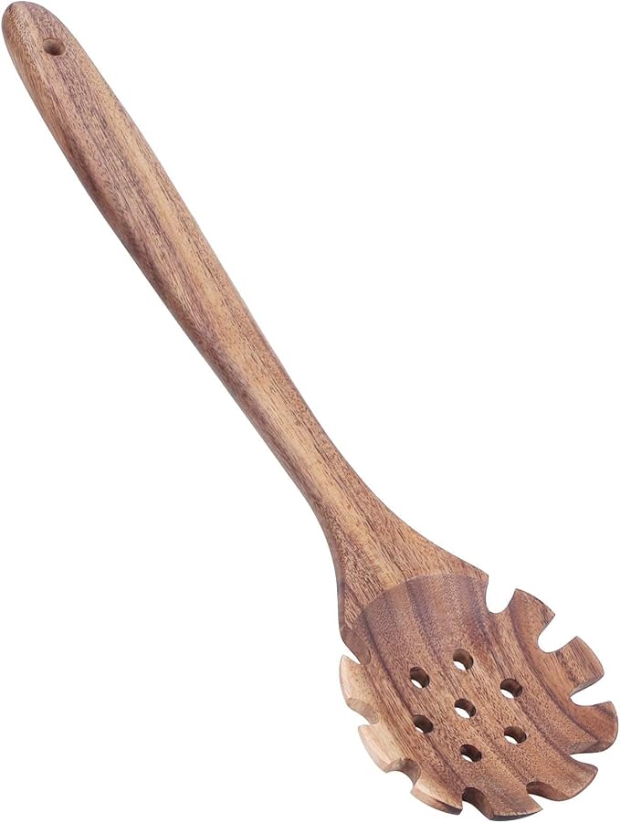 Spaghetti Spoon, Wood Pasta Server Wooden Pasta Spoon with Teeth 12.6inch Strainer Noodle Fork for Home Kitchen Cooking