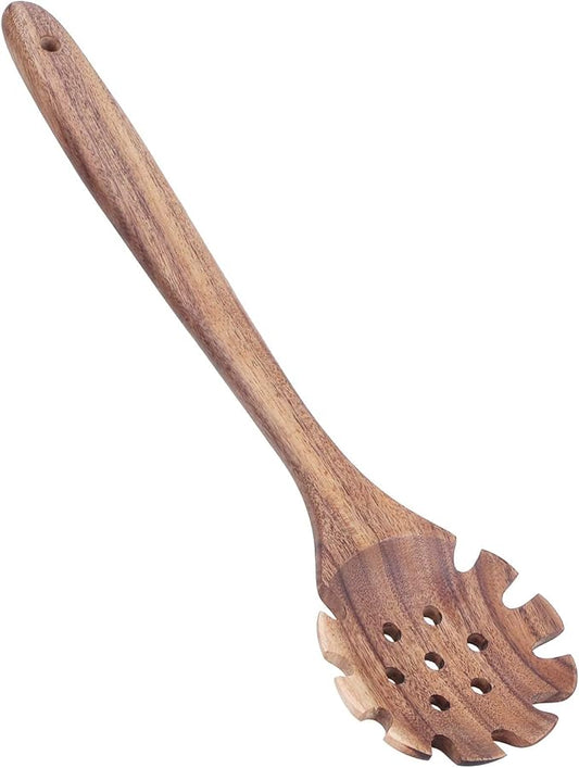 Spaghetti Spoon, Wood Pasta Server Wooden Pasta Spoon with Teeth 12.6inch Strainer Noodle Fork for Home Kitchen Cooking