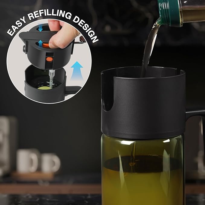 Gelibo 2-IN-1 Oil Sprayer for Cooking, 500ML Light-Blocking Glass Oil Dispenser for Kitchen, Olive Oil Spray Bottle with Leak-Proof,Cooking Spray with Portion Control for BBQ, Air Fryer, Salad - Black