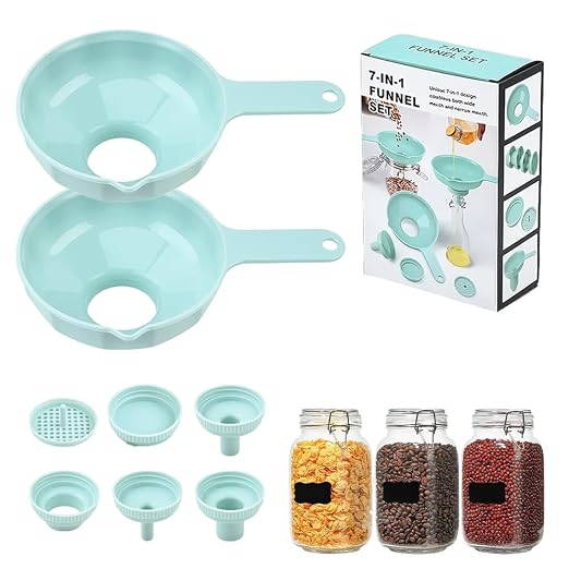 Wide Mouth Kitchen Funnel Set for Filling Bottles | 7-in-1 Kitchen Funnel Set, Large Funnel with 4 Size Spouts and 2 Strainers, Plastic Funnels for Liquid Cereal Transfer