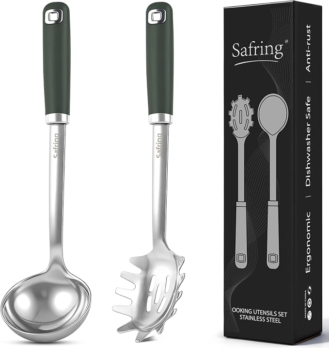 Safring Stainless Steel Soup Ladle and Spaghetti Spoon Set, Heat Resistant Rubber Handle, Dishwasher Safe, Kitchen Utensils for Cooking, Stirring, Serving Pasta, Soup & Sauce (Hunter Green)