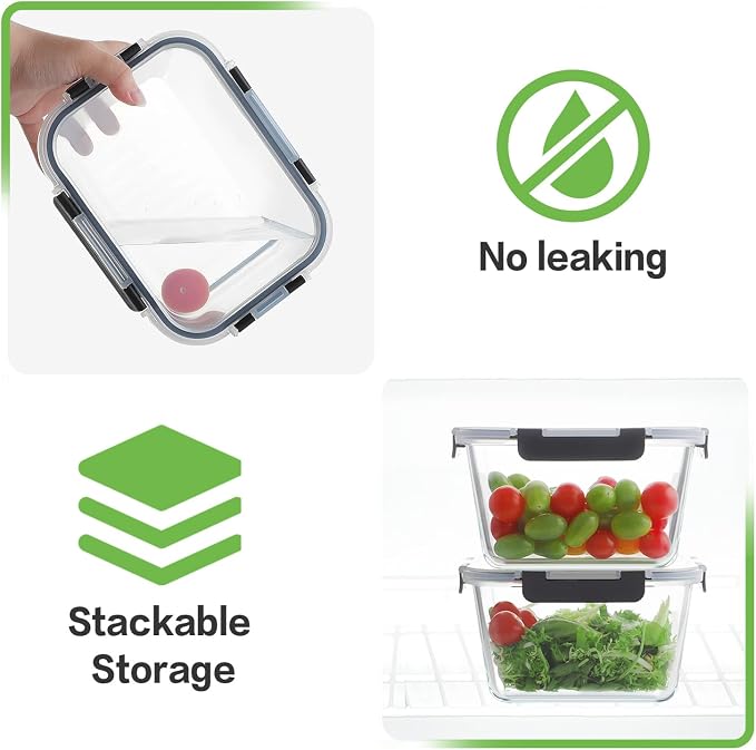 HOMBERKING 4 Pieces 63oz/8cup Large Glass Food Storage Containers with Lids, Meal Prep Containers, Airtight Bento Boxes with Leak Proof Locking (2 Containers + 2 Lids) - Microwave, Oven Safe