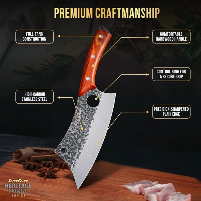 3 Piece BBQ Knife Set Serbian Chef Knife Meat Cleaver Viking Kitchen Knives | Outdoor Cooking • Barbeque • Meal Prep • Camping • Butchering • Lanyard Holes Hammered Pattern Forged Steel Real Wood Handles