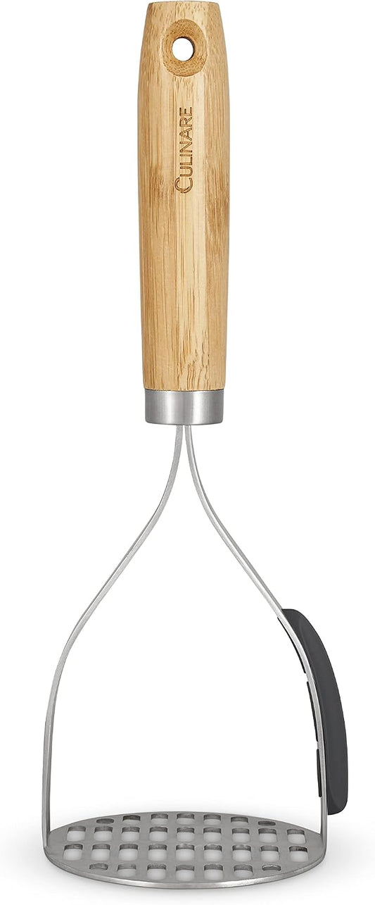 Culinare Naturals C70008 Masher | Sustainable Bamboo/Stainless Steel | (L)270mm x (W)105mm | Manual Hand Held Mashing Tool/Kitchen Utensil | Metal Masher/Includes Pan Scraper | Not Dishwasher Safe