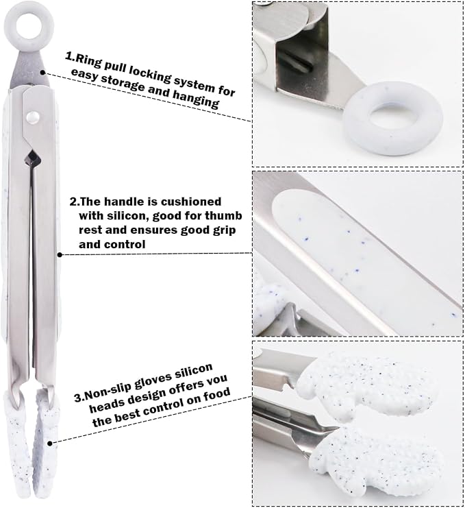 Kitchen Tongs for Cooking Non Stick Cooking Tongs Silicone Tongs Kitchen Tongs with Silicone Tips Stainless Steel Tongs (White)