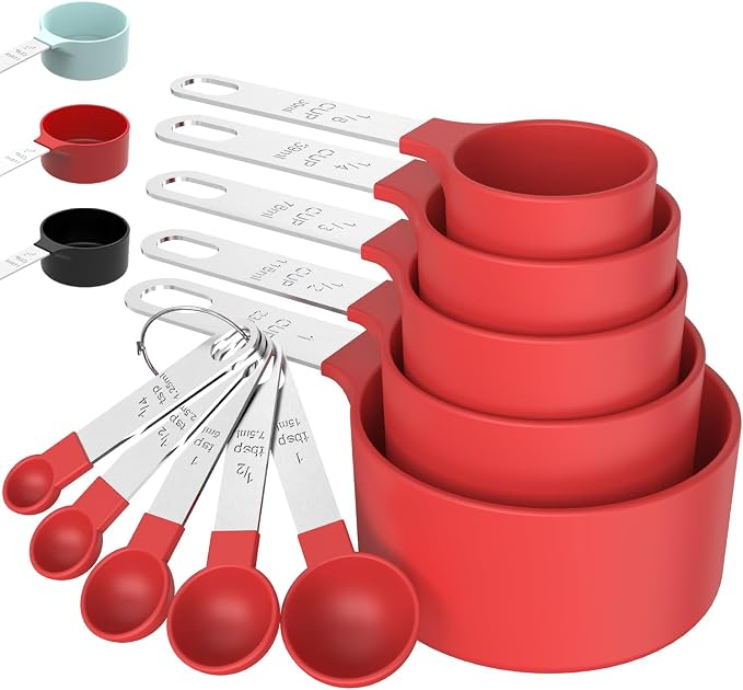 Measuring Cups & Spoons Set, Stackable Cups and Spoons | Nesting Measure Cups with Stainless Steel Handle, Kitchen Gadgets for Cooking & Baking (Red)