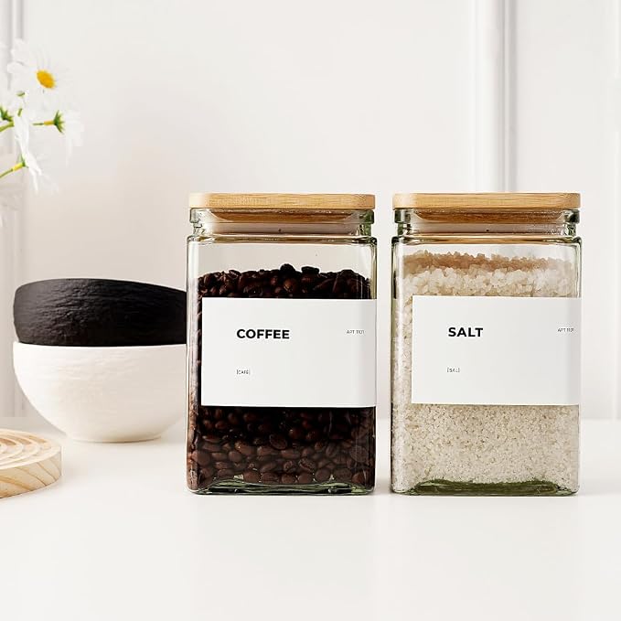 Glass Storage Jars with Bamboo Lid, glass canisters with airtight lids, Clear jars with lids for Spice, Cookie, Candy, Tea, Coffee Bean and Rice (White, 26 oz, Set of 6)
