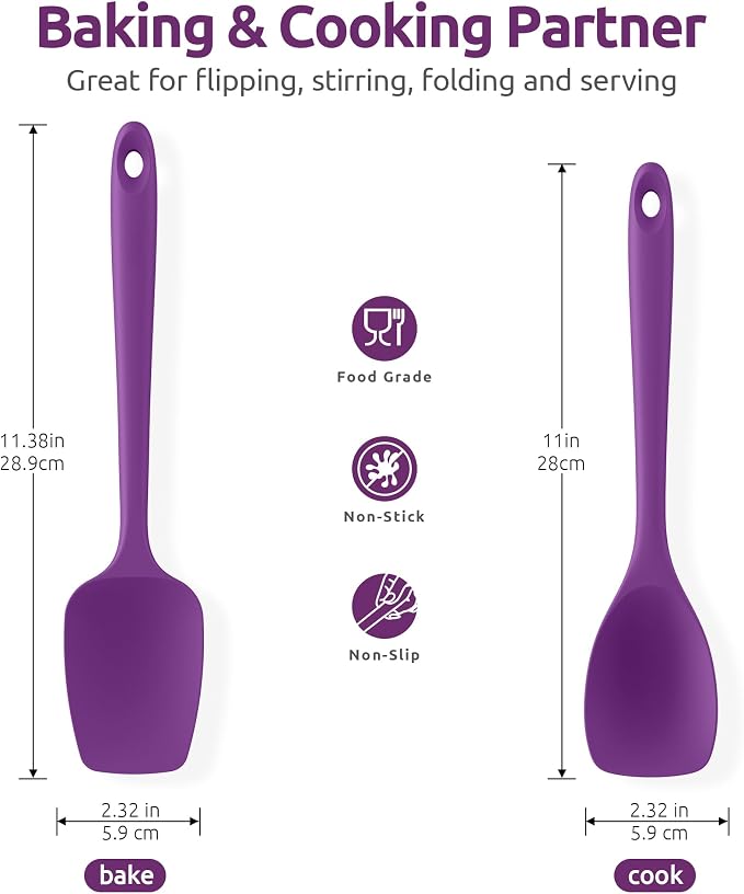 600ºF Heat Resistant Silicone Spoons: U-Taste Flexible Baking Spoon Spatula & Cooking Scoop Spoonula, Seamless Soft Kitchen Utensils for Serving, Scraping, Scooping in Non-Stick Cookware (Purple)