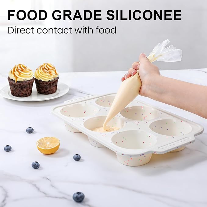 Vinino Silicone Jumbo Muffin Pan with Reinforced Frame for Oven, BPA-Free | 6-Cup Jumbo Size Silicone Muffin Pan for Baking with Non-Slip Handle, Nonstick Muffin Tray Dishwasher Safe, Cream