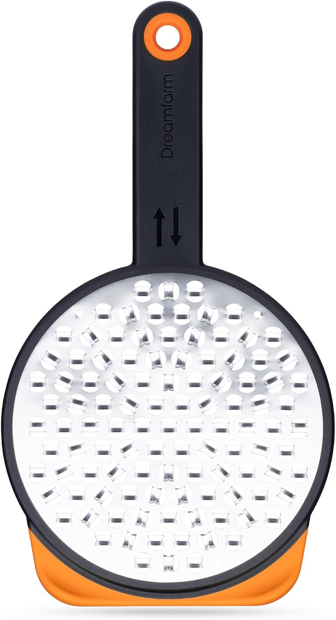Dreamfarm Ograte Double Sided Cheese Grater - 6mm Coarse Grating, Orange | Multi-directional handheld food and vegetable shredding plane with bowl hook and non-slip foot, flat for space-saving storage