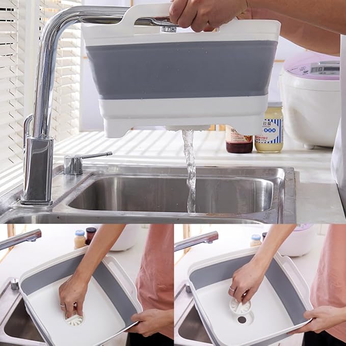 Collapsible Dish Pans for Washing Dishes 9L Portable Wash Dish Basin Foldable Laundry Tub with Drain Plug for Kitchen Sink Camping RV Accessories
