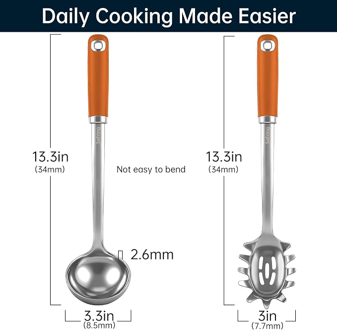 Safring Stainless Steel Soup Ladle and Spaghetti Spoon Set, Heat Resistant Rubber Handle, Dishwasher Safe, Kitchen Utensils for Cooking, Stirring, Serving Pasta, Soup & Sauce (Orange)