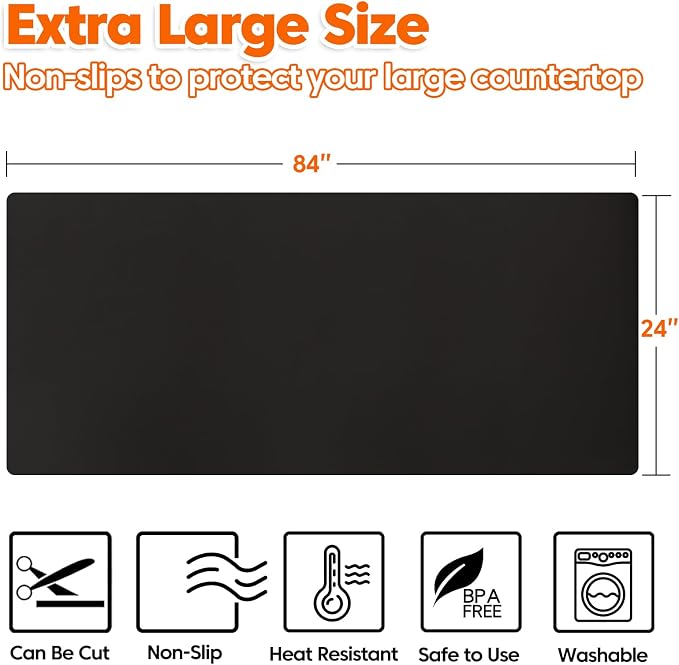 Extra Large Silicone Mat, 84”x24” Heat Resistant Mats for Countertop, Cuttable Waterproof Kitchen Counter Mat, Multipurpose Countertop Protector Mat, Silicone Mats for Kitchen Counter (Black)