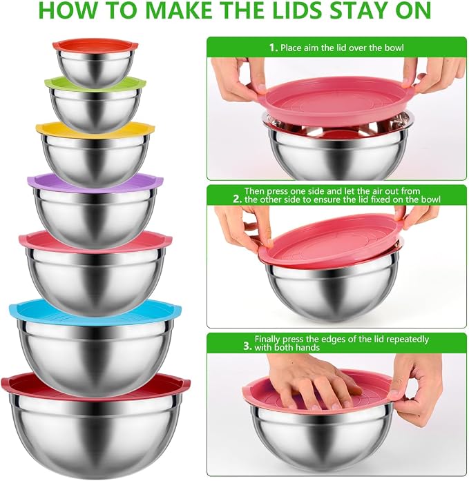 Leidawn Mixing Bowls with Lids Set, 25 PCS Colorful Mixing Bowl for Kitchen | Stainless Steel Nesting Bowls for Baking, Mixing, Serving & Prepping, Size 5, 3.7, 2.8, 2.3, 1.7, 1.1, 0.7QT, 11 Utensils