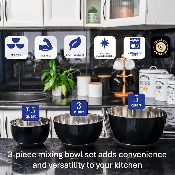Stainless Steel Mixing Bowls Set, 3-Piece with Silicone Base | 1.5, 3 & 5 Qt Metal Bowls for Meal Prep, Baking, Cooking, Serving & Food Storage, Non-Slip Base, Dishwasher Safe, Black