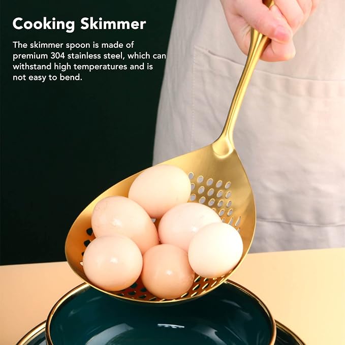 Strainer Skimmer Ladle, 304 Stainless Steel Skimmer Slotted Spoon with Long Handle, Hanging Holes, 15.7x5.7in Food Grade Filter Spoon for Cooking, Draining, Frying, Skimming (Gold)