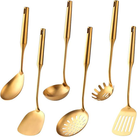 Kitchen Utensil Set, 6 Piece Stainless Steel Cooking Utensil Set, Gold Cooking Tools Spatula, Ladle, Skimmer, Slotted Tuner, Spaghetti Server, Rice Scoop Spoon