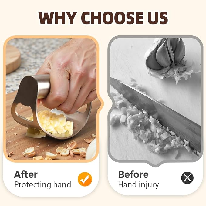 Stainless Steel Garlic Press, 2025 New Arc Shape Stainless Steel Ring Garlic Chopper, Garlic Presse Rocker Garlic Press Mincer Crusher Press, With Peeler and Brush Garlic Chopper (1)