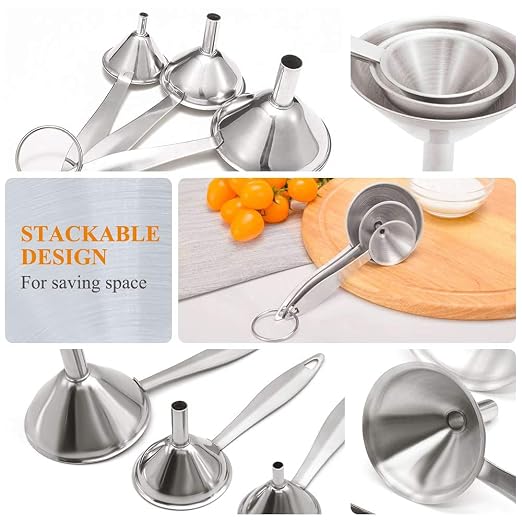 3 in 1 Metal Funnels for Filling Bottles Stainless Steel Small Kitchen Funnel Set for Transferring Essential Oils Liquid Fluid Spice Dry Ingredients Powder, Durable (‎Long-Handled Funnel)