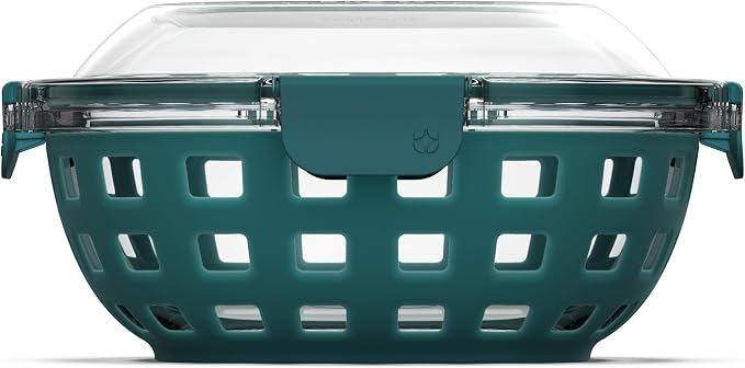 Ello DuraGlass Food Storage Glass Lunch Bowl Container - Meal Prep Container with Silicone Sleeve and Airtight Lid, 5 Cup, Teal | Leakproof glass meal prep salad bowl. BPA-free lid, silicone sleeves, great for meal prepping, food storage, and leftovers.