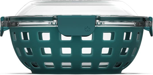 Ello DuraGlass Food Storage Glass Lunch Bowl Container - Meal Prep Container with Silicone Sleeve and Airtight Lid, 5 Cup, Teal | Leakproof glass meal prep salad bowl. BPA-free lid, silicone sleeves, great for meal prepping, food storage, and leftovers.