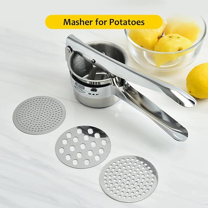 Large Stainless Steel Potato Ricer, 3 Interchangeable Discs for Fine, Medium, and Coarse, Heavy Duty Potato Masher and Ricer Kitchen Tool，Press and Mash For Perfect Mashed Potatoes