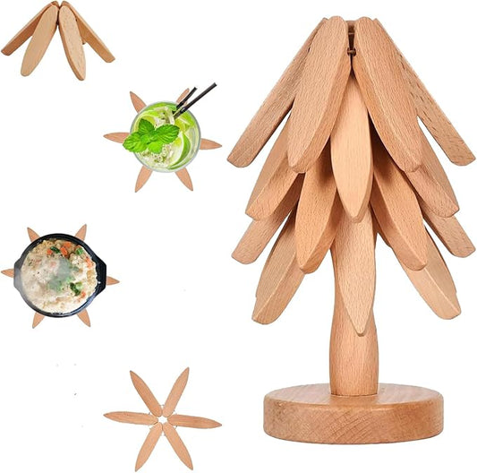 Thick&Thin Trivets for Hot Dishes, 4 Wooden Tree Hot Pads Auto Foldable Coasters, Protecting The Kitchen Table Suitable for Hot Dishes, Pots, Bowls, Teapots, Hot Pot Racks