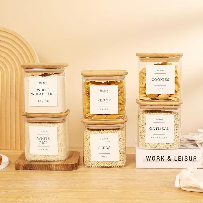 6 Pack Square Glass Pantry Storage Containers with 132 Kitchen Food Pantry Labels - 24 floz Clear Glass Pantry Jars with Airtight Wood Bamboo Lids - Glass Canisters for Sugar, Cereal, Coffee, Spice