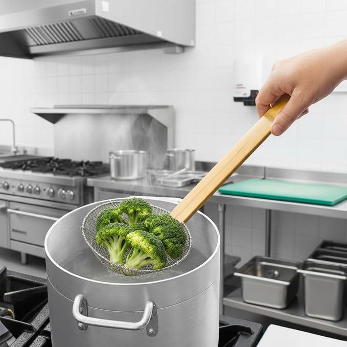 TrueCraftware- 6” Fine Mesh Skimmer Galvanized Steel with Natural Bamboo Handle- Spider Strainer Ladle Kitchen Frying Food Pasta Spaghetti for Cooking and Frying Pasta Strainer Spoon