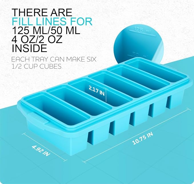 Silicone Freezer Tray With Lid-Soup Freezer Container molds-Large Ice Cube Tray Set Makes 1-Cup & 1/2-Cup portions cubes Perfect for preparing meals in different portion sizes Oven & Dishwasher -Safe