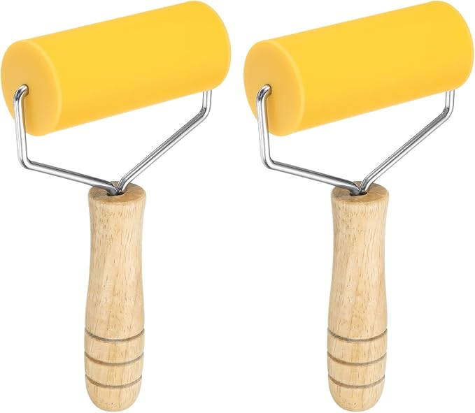 HARFINGTON 2pcs Rolling Pin 7.6" x 1.69" Silicone Roller Wood Handle Non-Stick Fondant Roller Dough Roller Rolling Pins for Baking Cookie Pastry Clay, Yellow